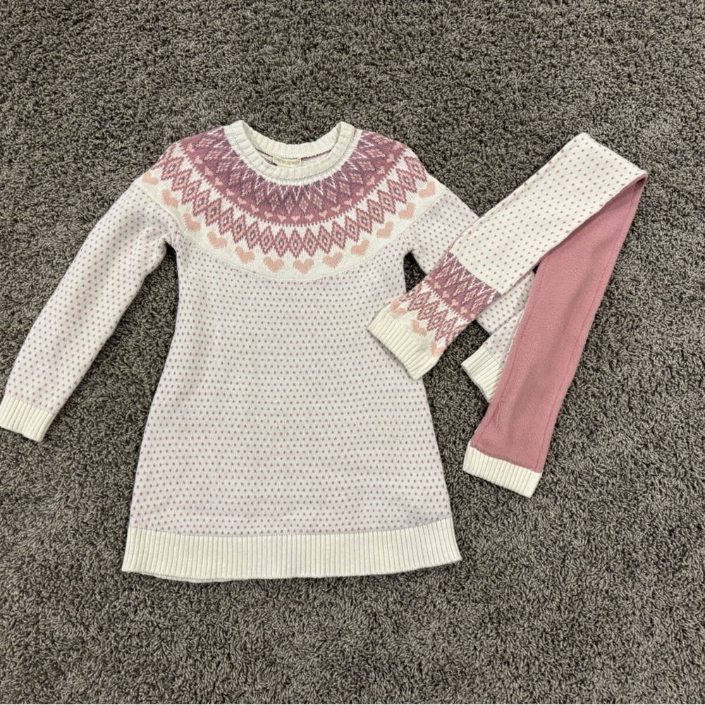 Cynthia Rowley Pink and White fair isle Sweater Dress with scarf, size med 7-8